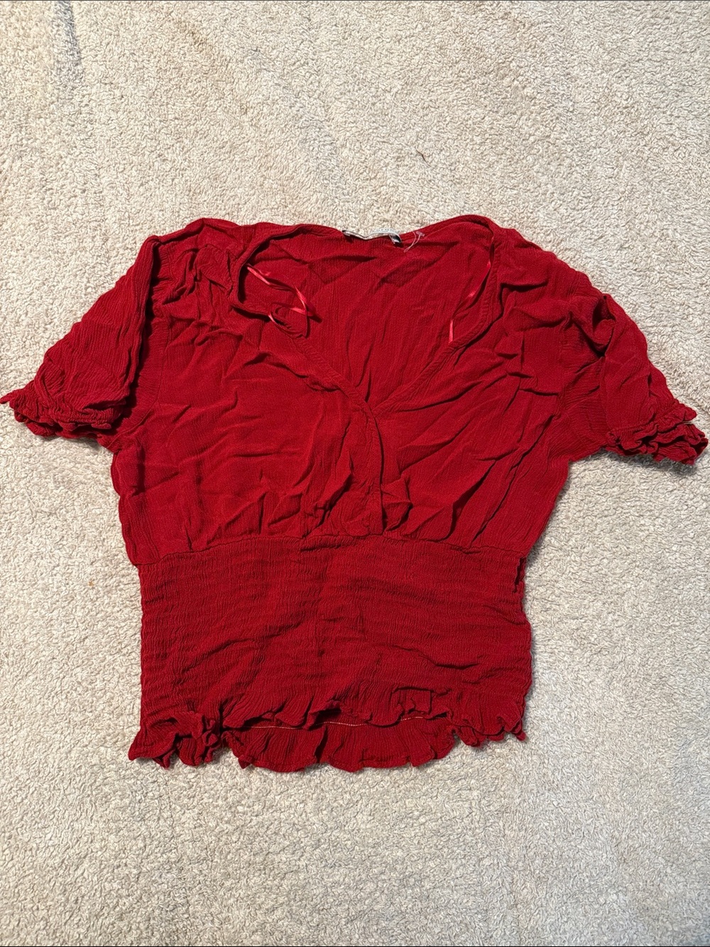 Paper Crane Red Smocked Waist V-Neck Crop Top